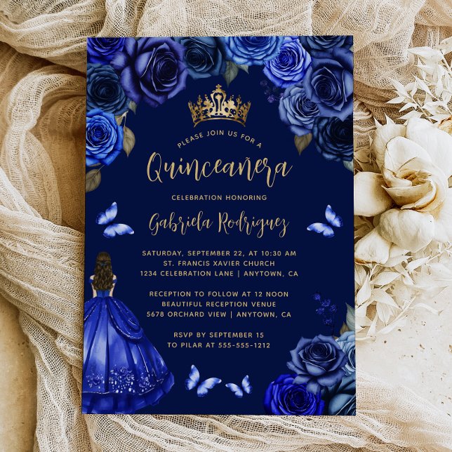 Dark Royal Blue Floral Princess Quinceañera Invitation (Creator Uploaded)