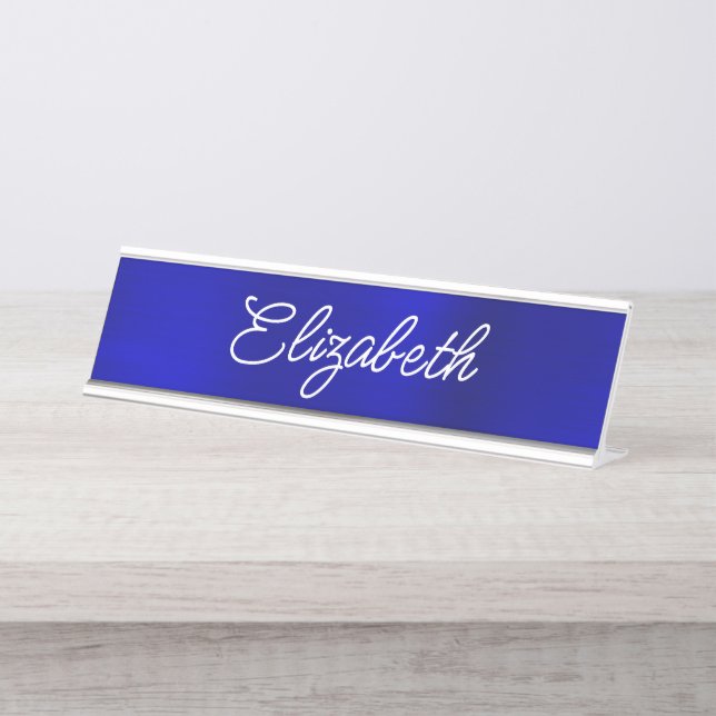 Dark Royal Blue Foil Stylistic Monoline Script Desk Name Plate (Front)
