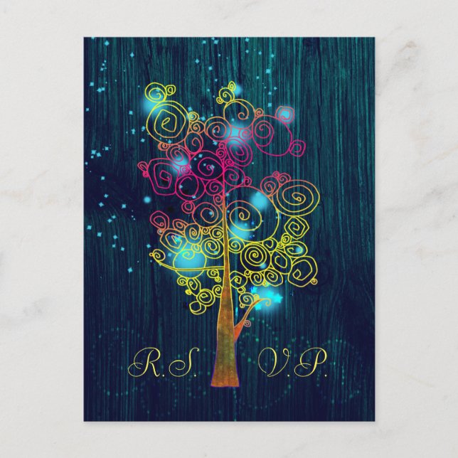 Dark Royal Blue Spiral Trees Rustic Wedding RSVP Invitation Postcard (Front)