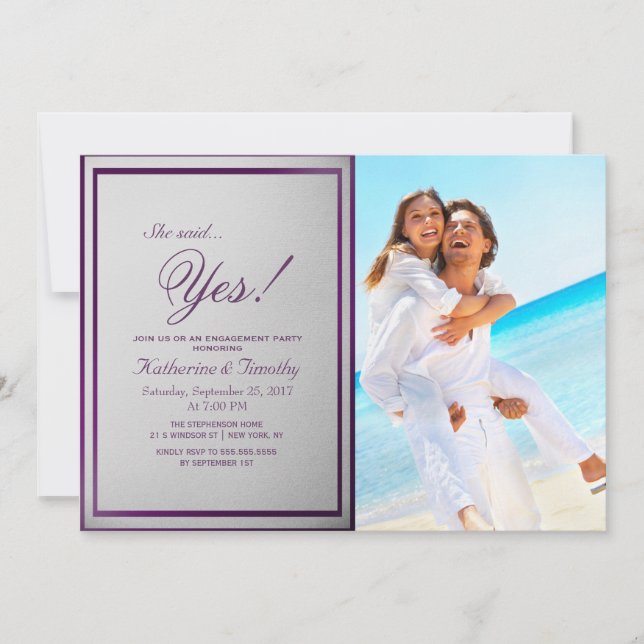 Dark Royal Purple Outline on Grey Gradient Invitation (Front)
