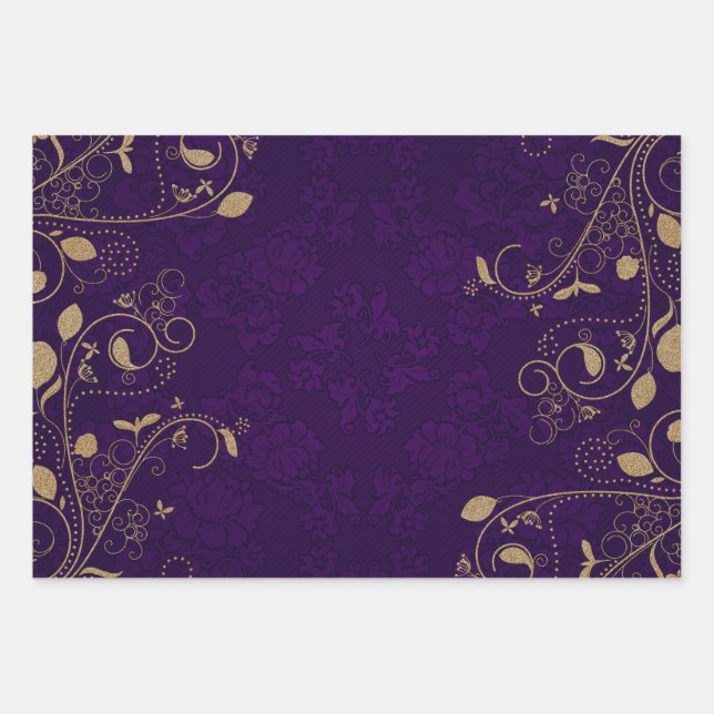 Dark Royal Purple with Gold Scroll Wrapping Paper Sheet (Front)