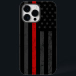 Dark & Rugged Style | Thin Red Line Fire Rescue Case-Mate iPhone 14 Pro Max Case<br><div class="desc">An iPhone OtterBox case featuring a dark and distressed style Firefighter flag with a vibrant red line running through the centre of it. In the background is a faded dark American flag which is subtle enough to fly under the radar, but vivid enough to be a clear show of patriotism....</div>