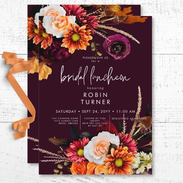 Dark Russet Boho Floral Burgundy Bridal Luncheon Invitation (Dark Russet Boho Floral Burgundy Bridal Luncheon Invitation)