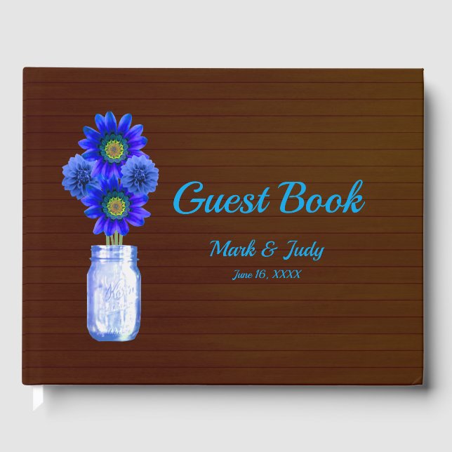 Dark Rustic Blue Floral Mason Jar Wedding Guest Book (Front)