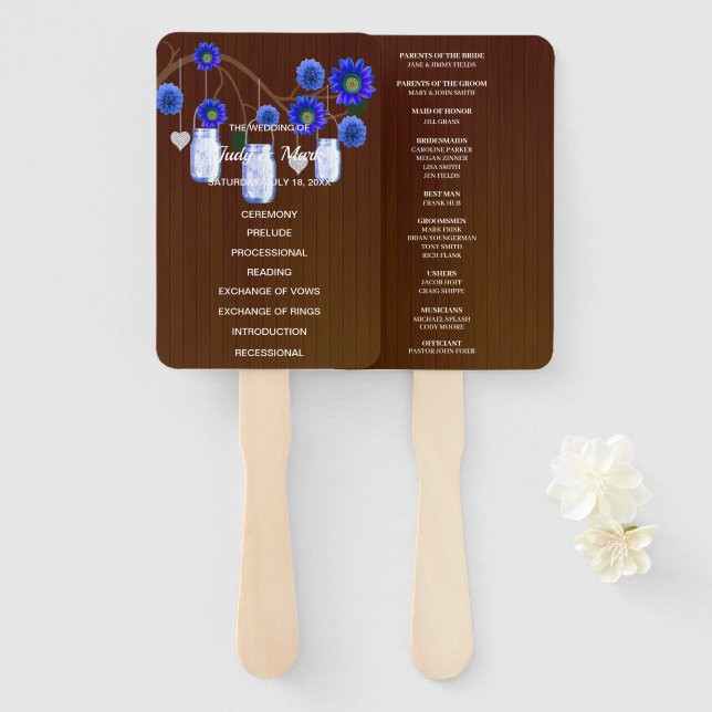 Dark Rustic Blue Floral Mason Jars Wedding Hand Fan (Front and Back)