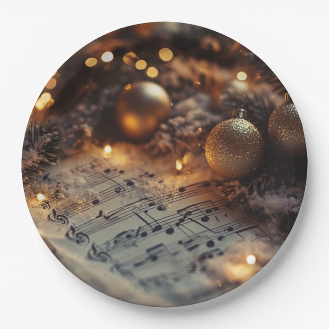 Dark Rustic Christmas Musical Notes Paper Plate (Front)