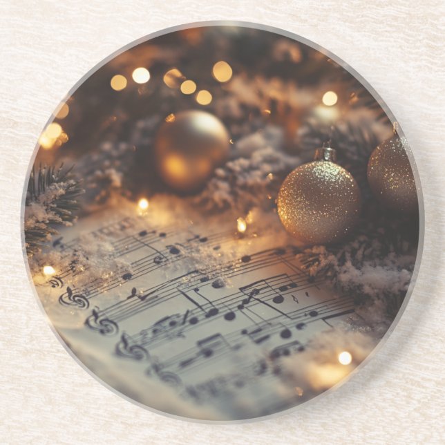 Dark Rustic Christmas Musical Notes Round Coaster (Front)