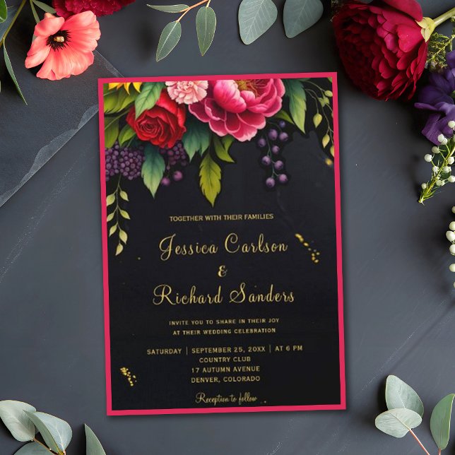 Dark Rustic Fall Flowers Elegant Wedding Invitation (Creator Uploaded)
