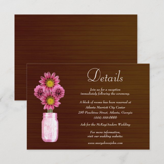 Dark Rustic Pink Floral Mason Jar Wedding Details Enclosure Card (Front/Back)