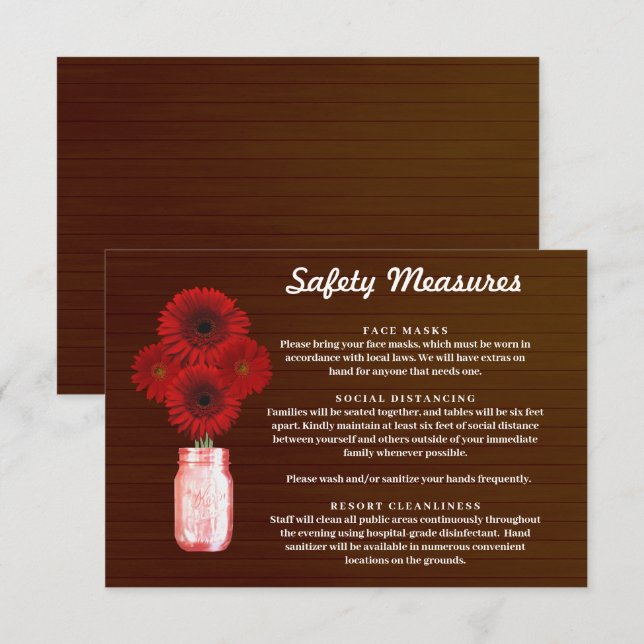Dark Rustic Red Floral Mason Jar Safety Measures Enclosure Card (Front/Back)