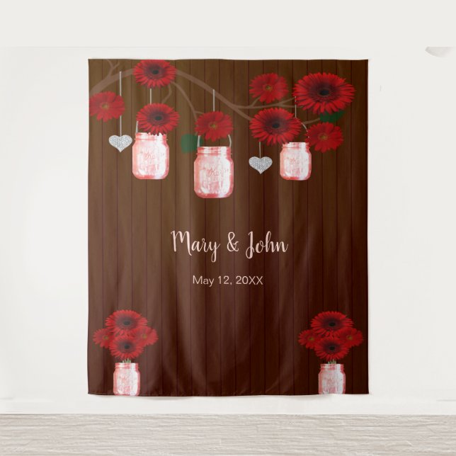 Dark Rustic Red Floral Mason Jars Photo Backdrop Tapestry (Front)