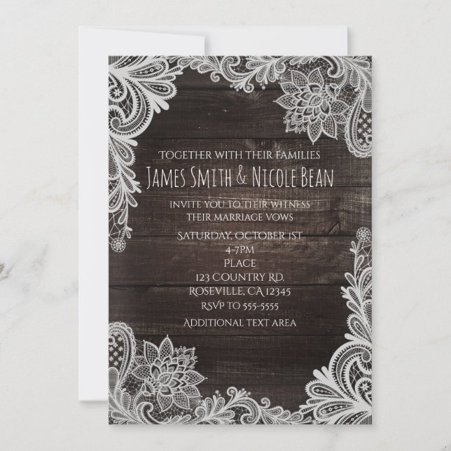 Dark Rustic Wood & Elegant Lace Wedding Invitation (Front)