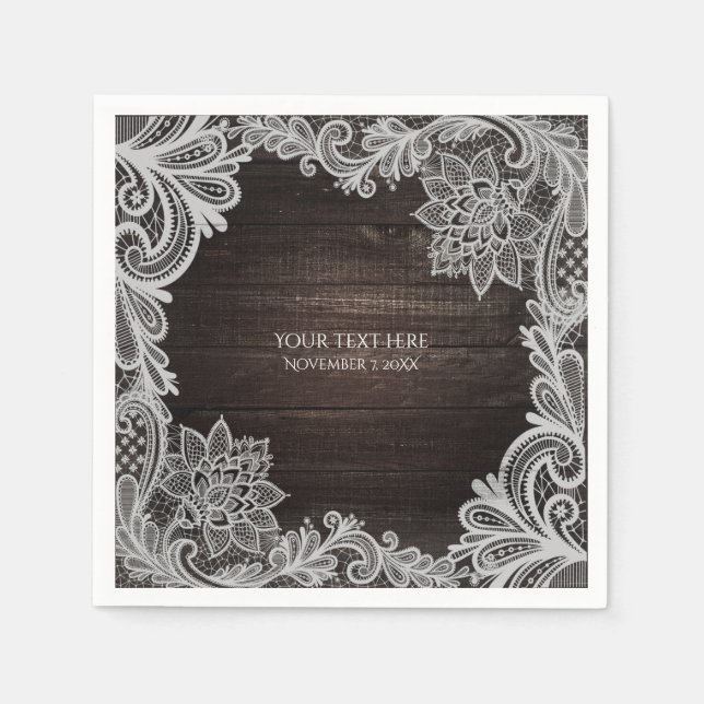 Dark Rustic Wood & Elegant Lace Wedding Napkin (Front)