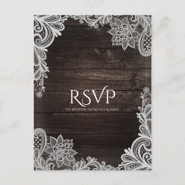Dark Rustic Wood & Elegant Lace Wedding RSVP Invitation Postcard (Front)