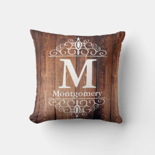 Dark Rustic Wood Planks White Scrolls Monogram Cushion