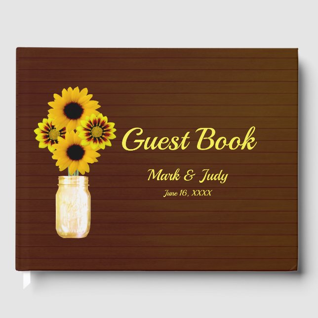 Dark Rustic Yellow Floral Mason Jar Wedding Guest Book (Front)