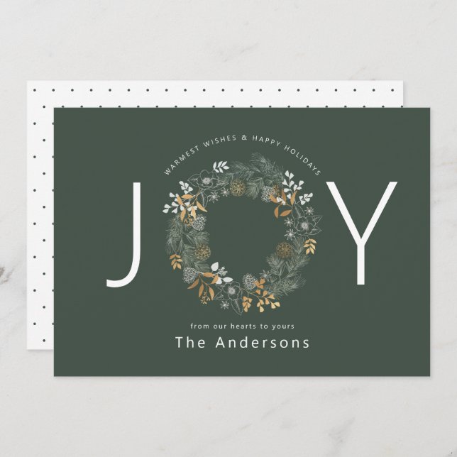 Dark Sage Gold Wreath Joy Holiday Christmas Card (Front/Back)