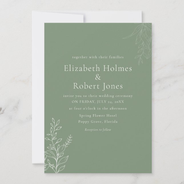 Dark Sage Green Botanical Wedding Invitation (Front)
