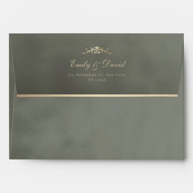 Dark Sage Green & Gold Velvet Wedding Envelope (Back (Top Flap))