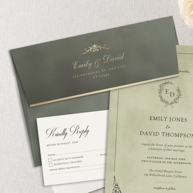 Dark Sage Green & Gold Velvet Wedding Envelope (Creator Uploaded)