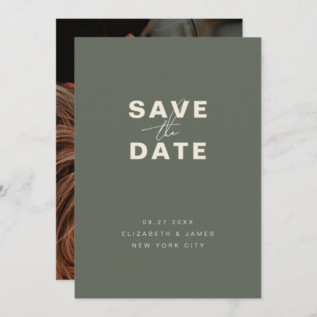 Dark Sage Green Modern Minimalist Wedding  Save The Date (Front/Back)