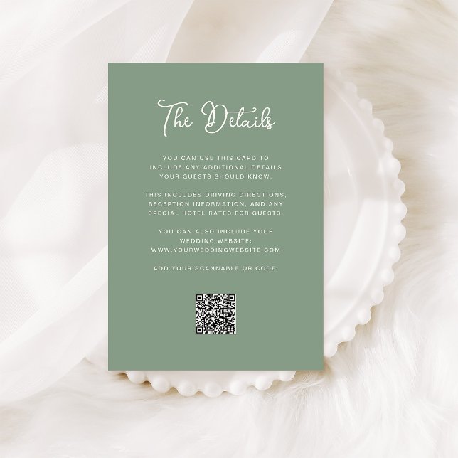 Dark Sage Green Wedding Guest Details QR Code Enclosure Card (A dark sage green wedding details card with a QR code)