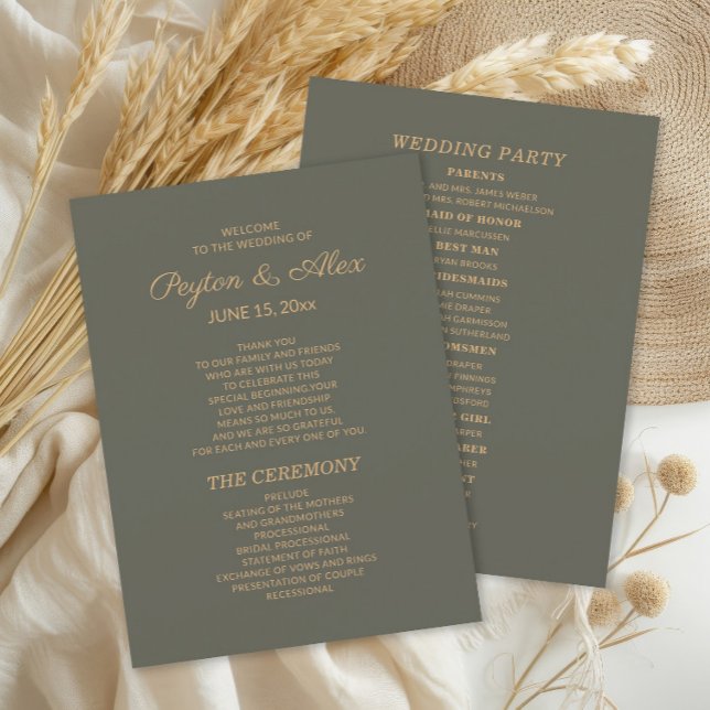 Dark Sage Green Wedding Program Bridal Party (Olive/sage green 2-sided wedding program including the wedding party.)