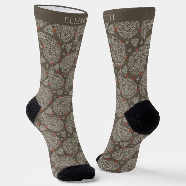 Dark Sage Olive Green Grey Brown Paisley Pattern Socks (Angled)