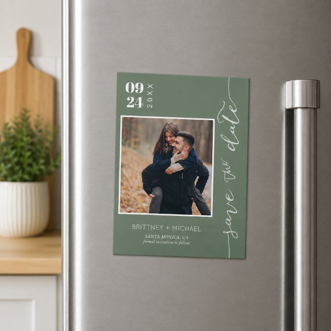 Dark Sage Photo Save the Date (Elegant dark sage photo save the date featuring modern typography, romantic handwritten magnet)