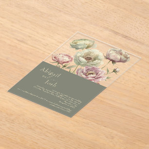 Dark Sage Pink & Sage Floral Peonies Acrylic  Acrylic Invitations