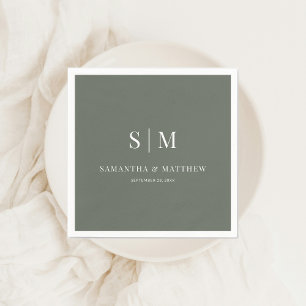 Dark Sage Simple Elegant Couple Initials Wedding Napkin