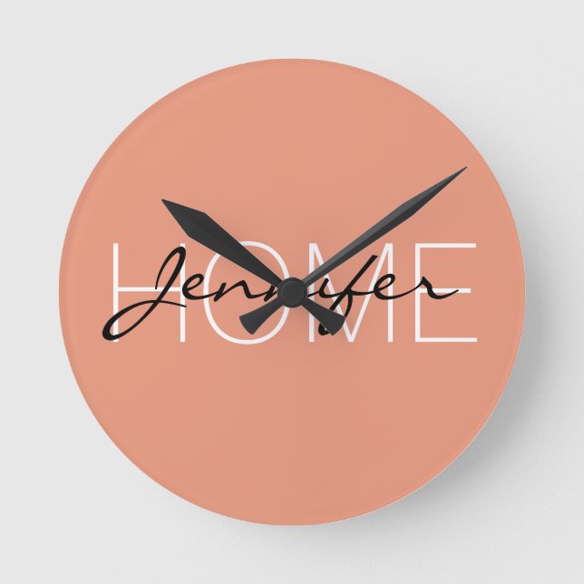 Dark salmon colour home monogram round clock (Front)