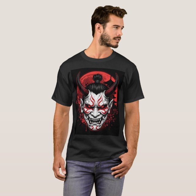 Dark Samurai Oni Mask Red Moon Gothic T-Shirt  (Front Full)