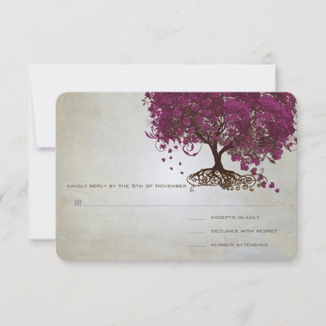 Dark Sangria Heart Leaf Tree Wedding RSVP Card (Front)