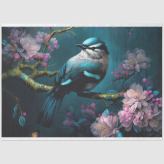 Dark Sea Blue Bird Chinoiserie Cherry Blossoms Tissue Paper