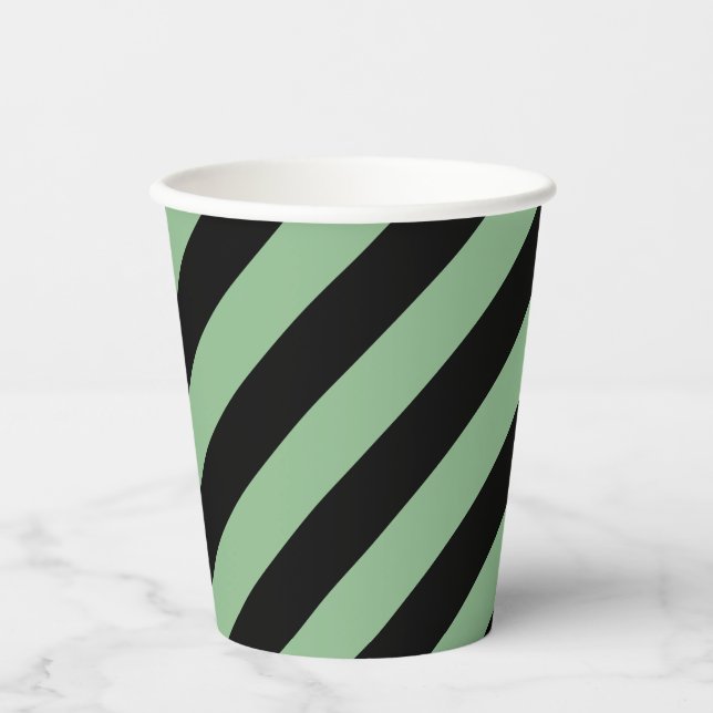 Dark Sea Green and Black Large Diagonal Stripes Paper Cups (Front)