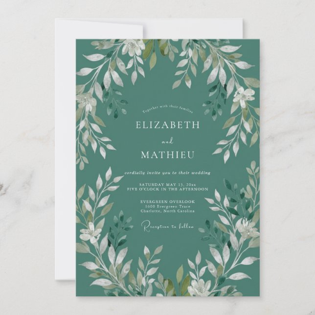 Dark Seafoam Leafy Wedding Invitation (Front)