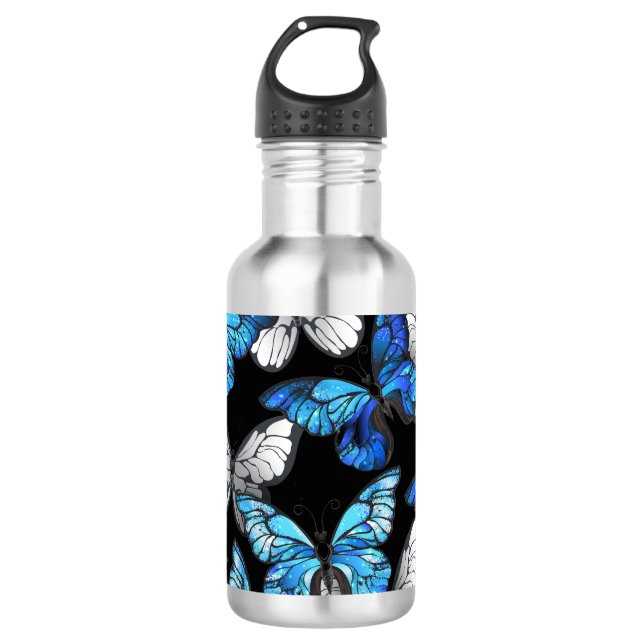 Dark Seamless Pattern with Blue Butterflies Morpho 710 Ml Water Bottle (Front)