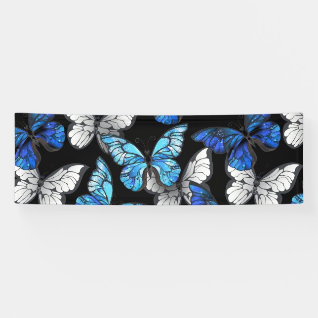 Dark Seamless Pattern with Blue Butterflies Morpho Banner (Horizontal)