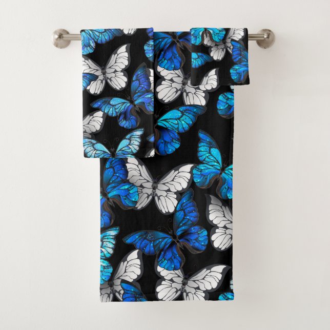 Dark Seamless Pattern with Blue Butterflies Morpho Bath Towel Set (Insitu)