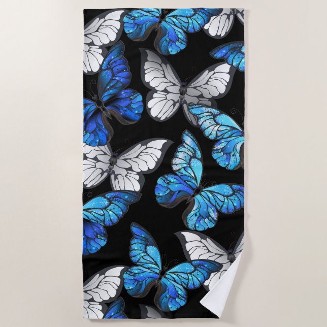 Dark Seamless Pattern with Blue Butterflies Morpho Beach Towel (Front)