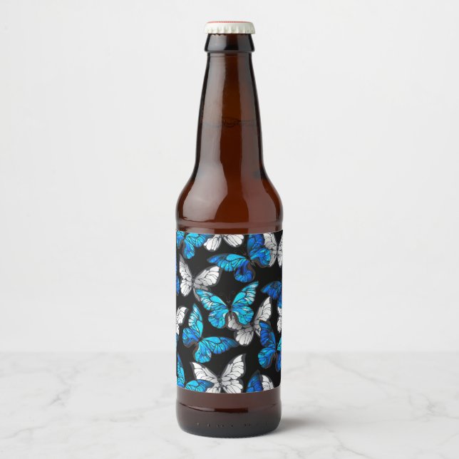 Dark Seamless Pattern with Blue Butterflies Morpho Beer Bottle Label (Front)