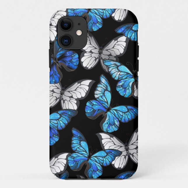 Dark Seamless Pattern with Blue Butterflies Morpho Case-Mate iPhone Case (Back)
