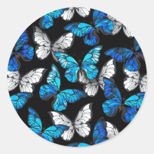 Dark Seamless Pattern with Blue Butterflies Morpho Classic Round Sticker