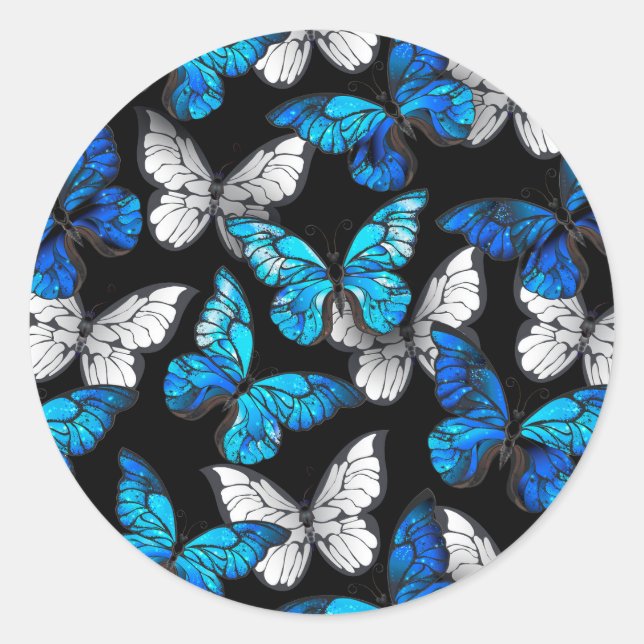 Dark Seamless Pattern with Blue Butterflies Morpho Classic Round Sticker (Front)