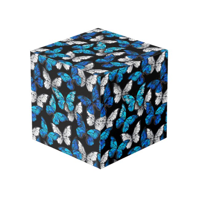 Dark Seamless Pattern with Blue Butterflies Morpho Cube (Front Angled)