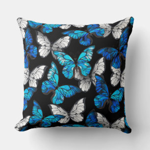 Dark Seamless Pattern with Blue Butterflies Morpho Cushion