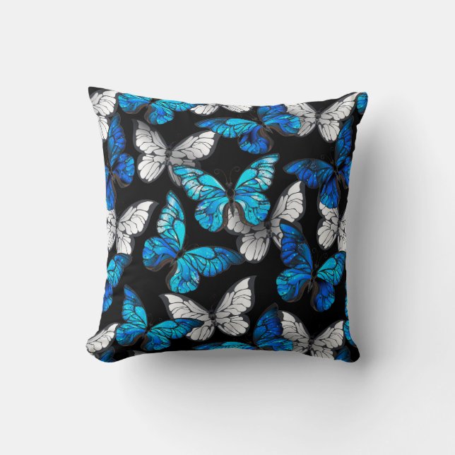 Dark Seamless Pattern with Blue Butterflies Morpho Cushion (Front)