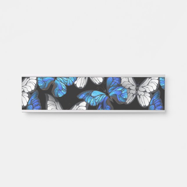 Dark Seamless Pattern with Blue Butterflies Morpho Door Sign (Front)
