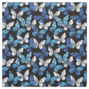 Dark Seamless Pattern with Blue Butterflies Morpho Fabric